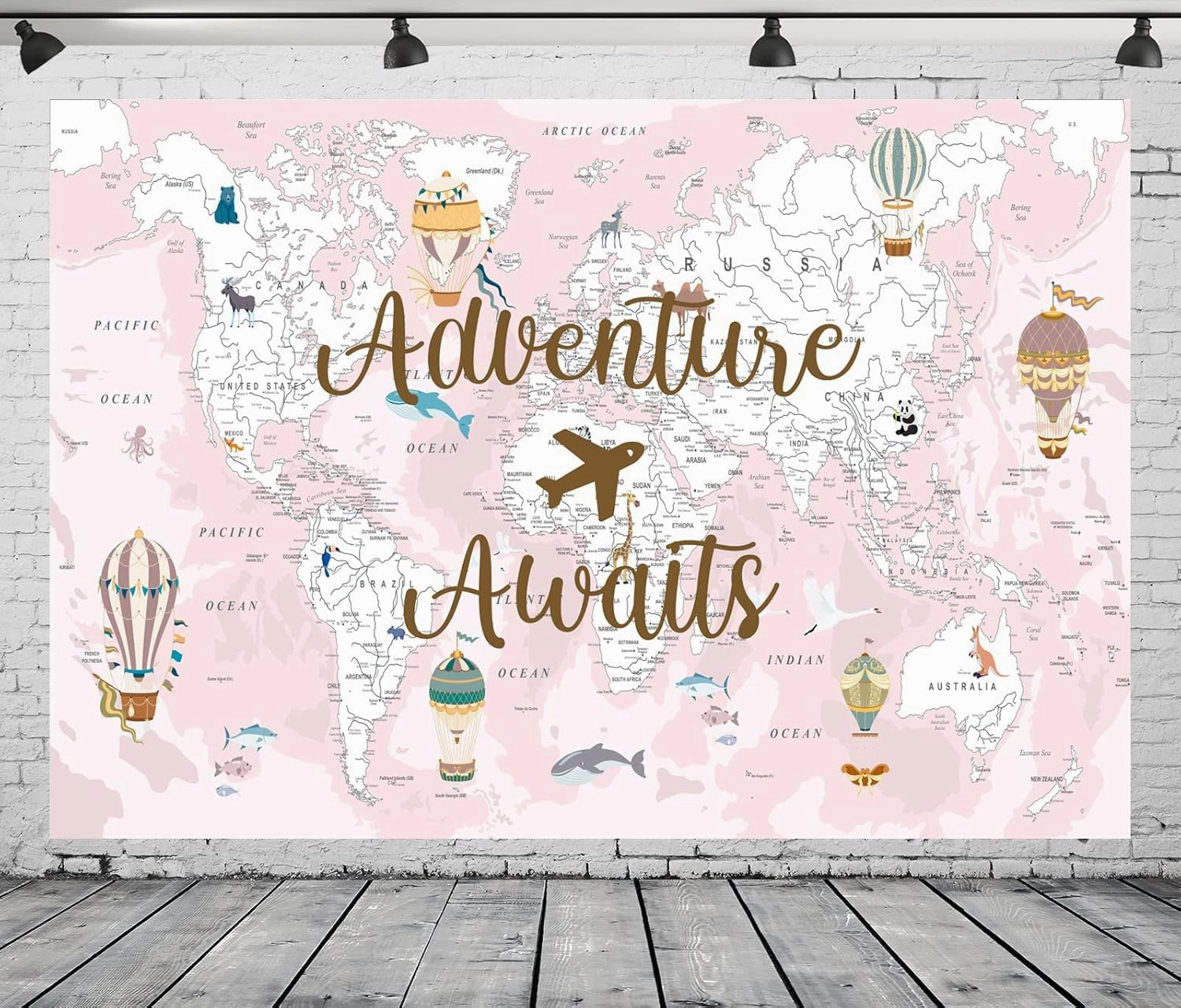 BELECO 7x5ft Fabric Adventure Awaits Backdrop Pink World Map Travel Themed Party Decorations Airplane Hot Air Balloons Bon Voyage Baby Shower Party Decor Banner Newborn Girls Photoshoot Props