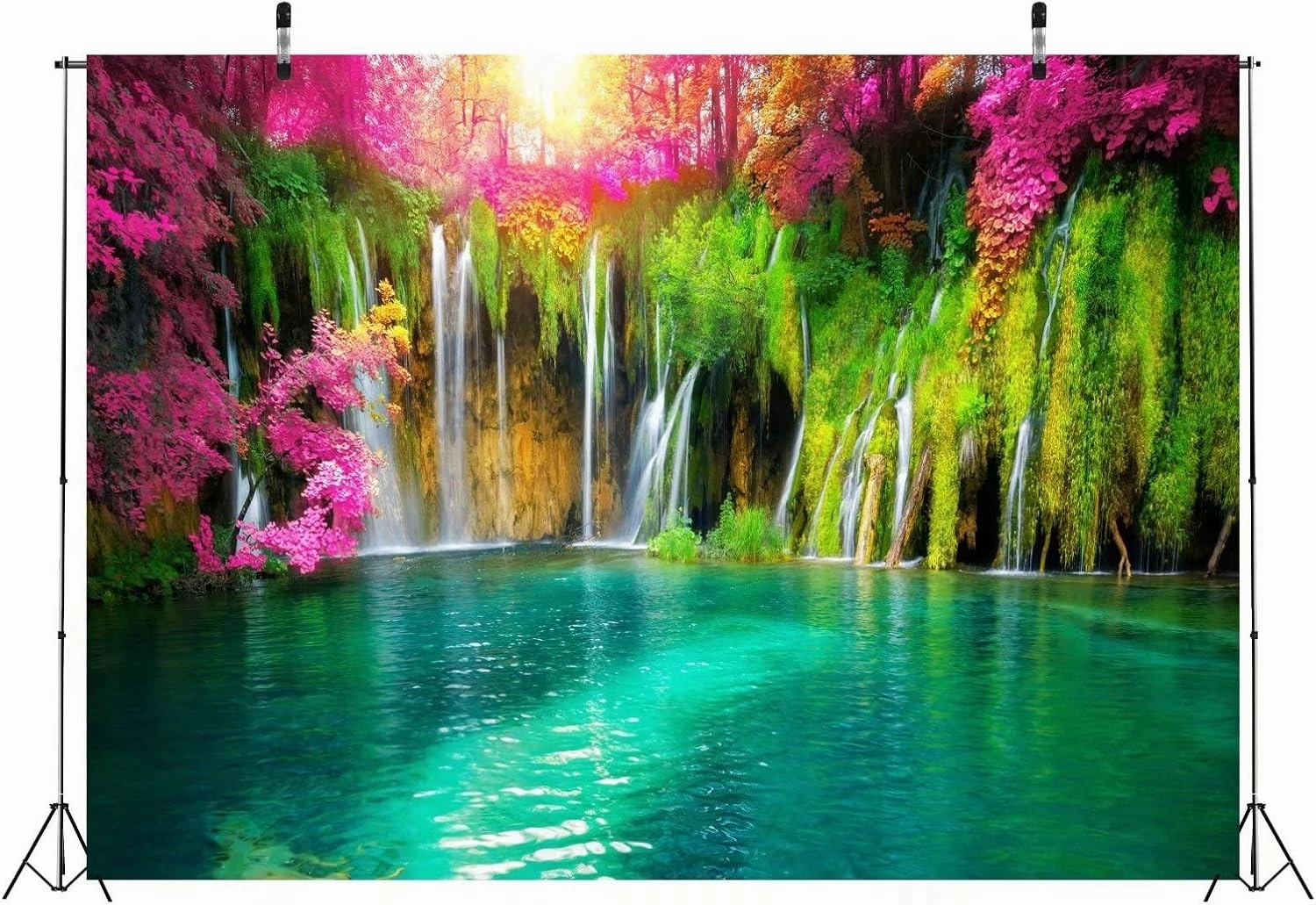 BELECO 7x5ft Fabric Forest Mountain Waterfall Backdrop Spring Blooming Flowers Green Lake Natural Landscape Scenic Backdrop Wall Murals Room Decor Kids Adults Portrait Photo Shoot Studio Props