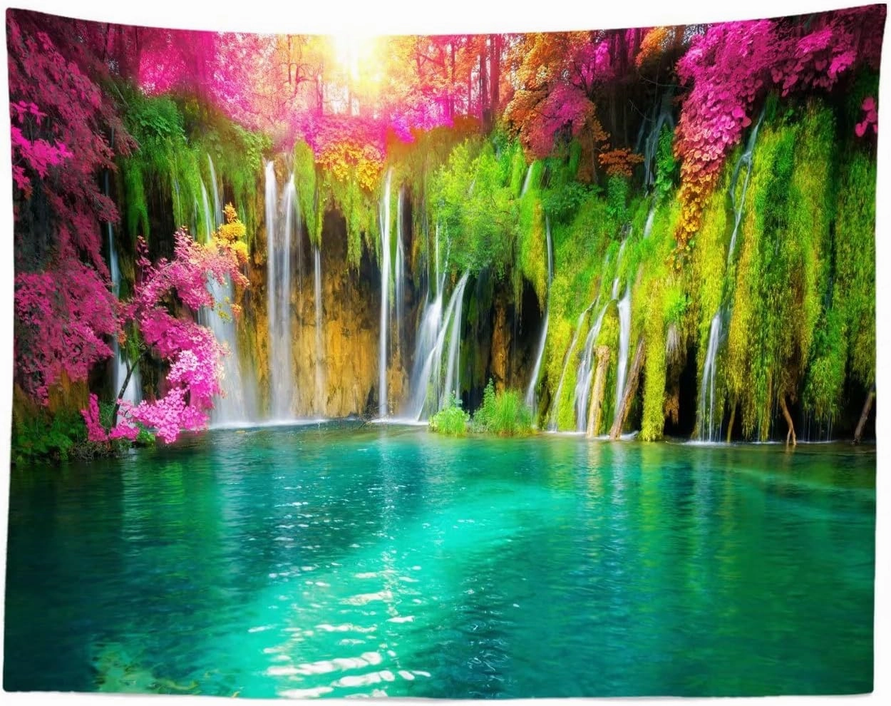 BELECO 7x5ft Fabric Forest Mountain Waterfall Backdrop Spring Blooming Flowers Green Lake Natural Landscape Scenic Backdrop Wall Murals Room Decor Kids Adults Portrait Photo Shoot Studio Props