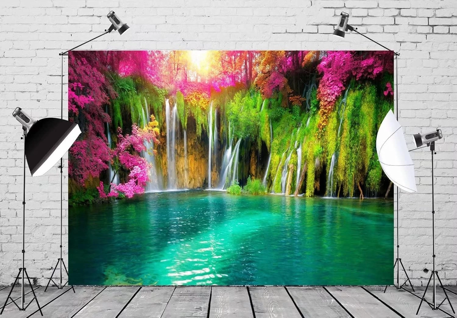 BELECO 7x5ft Fabric Forest Mountain Waterfall Backdrop Spring Blooming Flowers Green Lake Natural Landscape Scenic Backdrop Wall Murals Room Decor Kids Adults Portrait Photo Shoot Studio Props