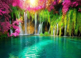 BELECO 7x5ft Fabric Forest Mountain Waterfall Backdrop Spring Blooming Flowers Green Lake Natural Landscape Scenic Backdrop Wall Murals Room Decor Kids Adults Portrait Photo Shoot Studio Props