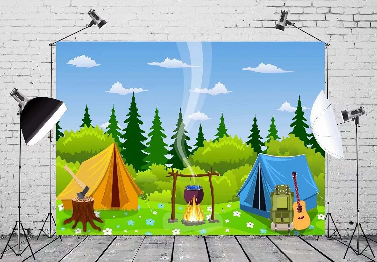 BELECO Camping Backdrop 8x6ft Fabric Cartoon Forest Scene Campfire Party Camping Tent Little Lumberjack Birthday Backdrop Jungle Safari Baby Shower Kids Boy Outdoor Adventure Portrait Photo Props