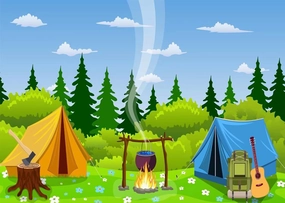 BELECO Camping Backdrop 8x6ft Fabric Cartoon Forest Scene Campfire Party Camping Tent Little Lumberjack Birthday Backdrop Jungle Safari Baby Shower Kids Boy Outdoor Adventure Portrait Photo Props