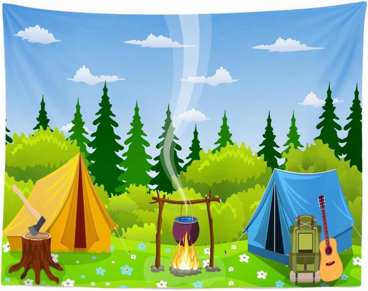 BELECO Camping Backdrop 8x6ft Fabric Cartoon Forest Scene Campfire Party Camping Tent Little Lumberjack Birthday Backdrop Jungle Safari Baby Shower Kids Boy Outdoor Adventure Portrait Photo Props