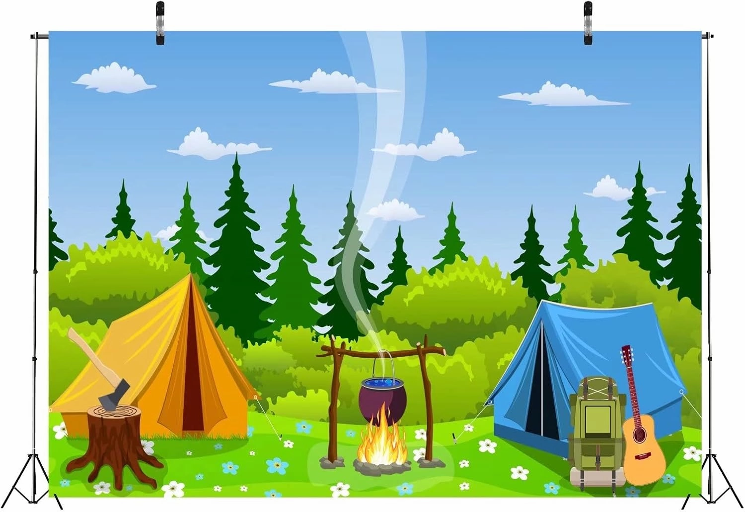 BELECO Camping Backdrop 8x6ft Fabric Cartoon Forest Scene Campfire Party Camping Tent Little Lumberjack Birthday Backdrop Jungle Safari Baby Shower Kids Boy Outdoor Adventure Portrait Photo Props
