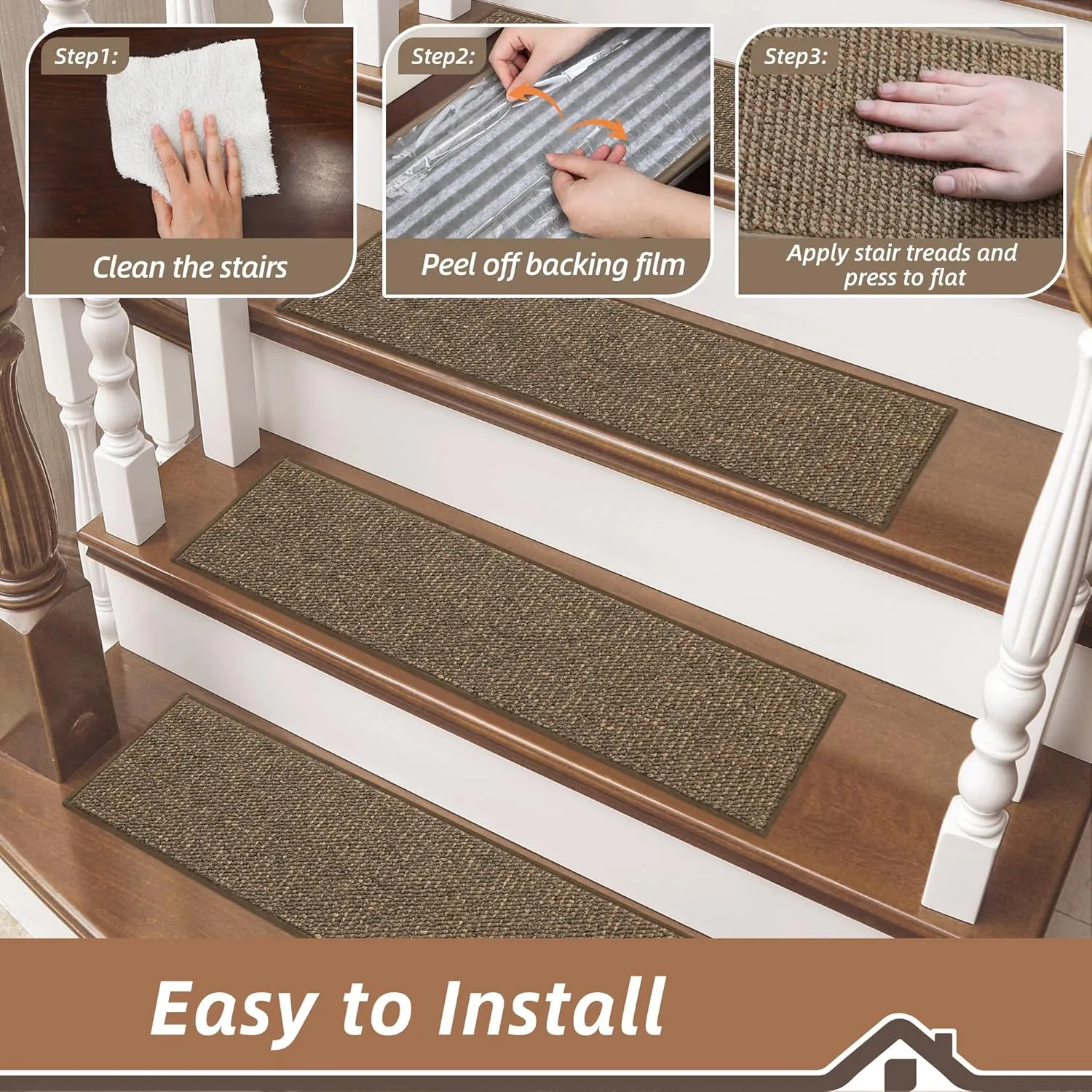 BEQHAUSE Stair Treads for Wooden Steps 9"x28", Carpet Stair Treads Non Slip Indoor, Machine Washable Stair Runners for Kids Elders and Pets, TPE Backing, 100% Polypropylene, 4pcs, Brown