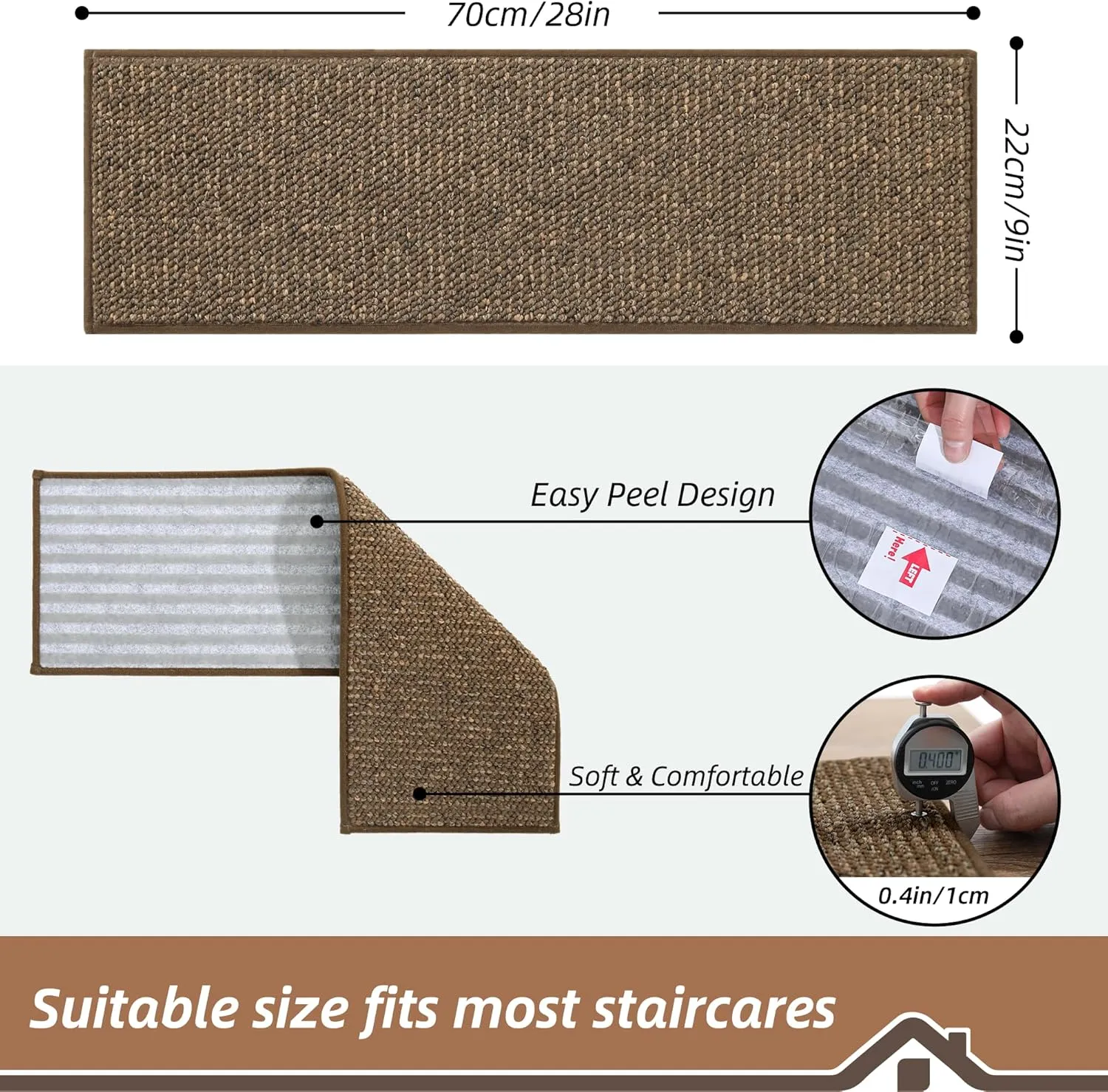 BEQHAUSE Stair Treads for Wooden Steps 9"x28", Carpet Stair Treads Non Slip Indoor, Machine Washable Stair Runners for Kids Elders and Pets, TPE Backing, 100% Polypropylene, 4pcs, Brown