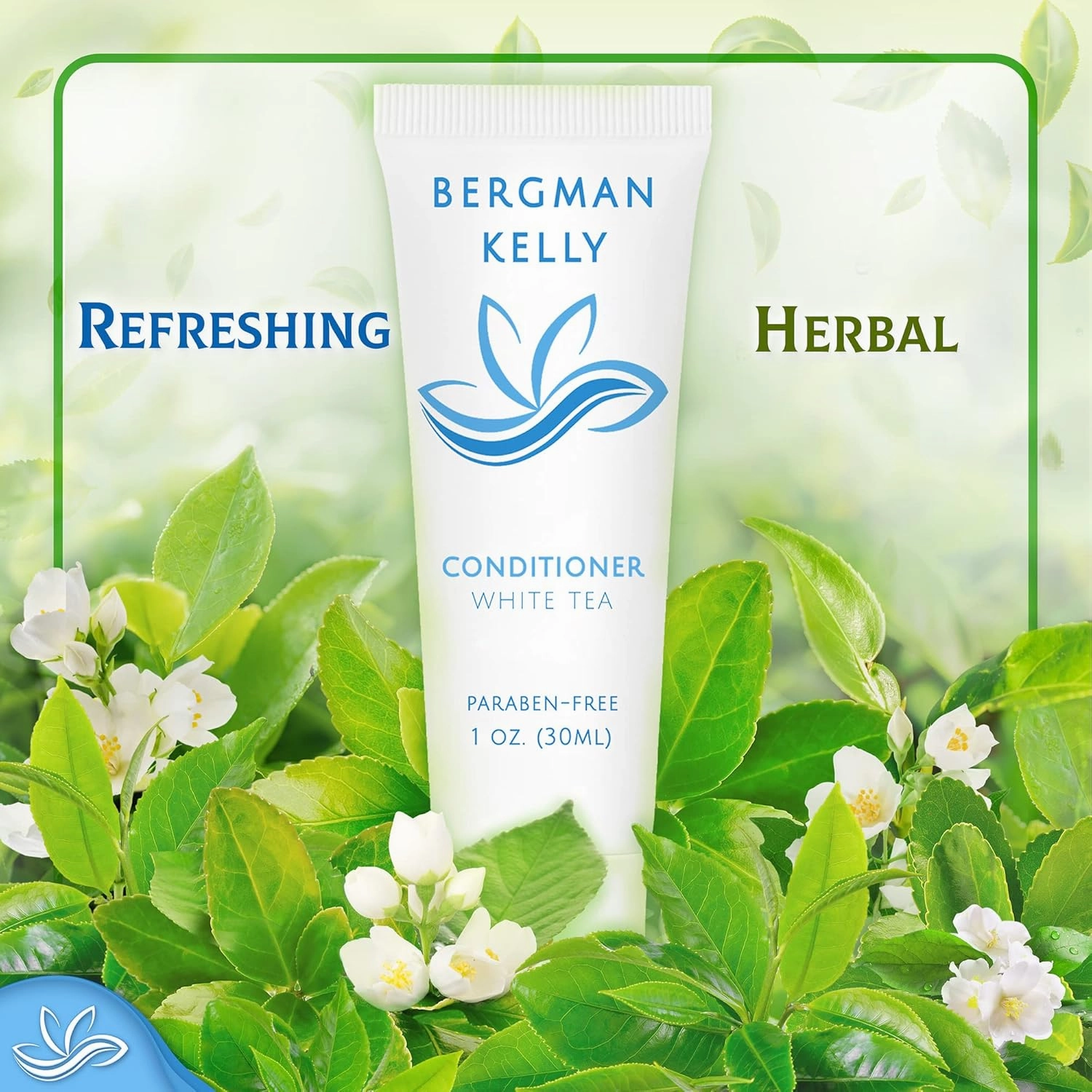 BERGMAN KELLY Hotel Toiletries Bundle (White Tea, 1 oz each, 100 Pieces) 4-Piece Set: 25 Rectangular Bar Soap, 25 Shampoo, 25 Conditioner & 25 Body Lotion - Bulk Mini Guest Amenities