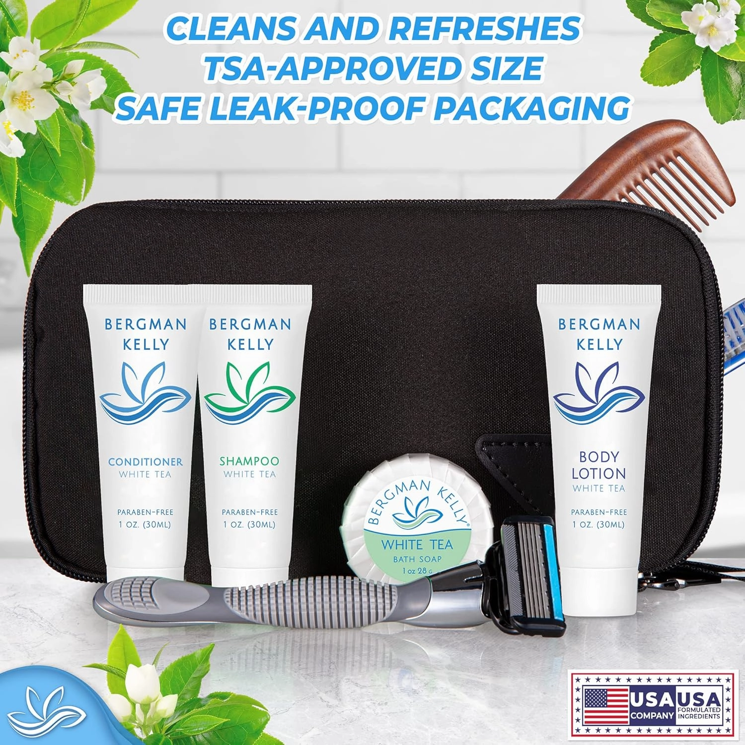 BERGMAN KELLY Hotel Toiletries Bundle (White Tea, 1 oz each, 100 Pieces) 4-Piece Set: 25 Rectangular Bar Soap, 25 Shampoo, 25 Conditioner & 25 Body Lotion - Bulk Mini Guest Amenities