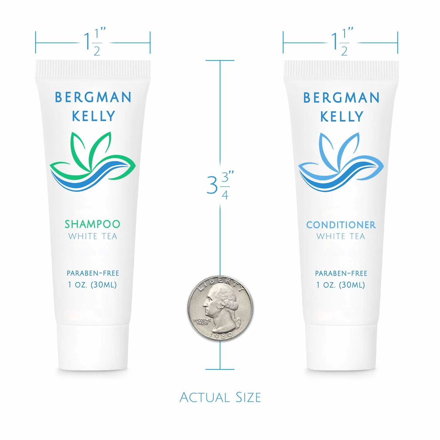 BERGMAN KELLY Hotel Toiletries Bundle (White Tea, 1 oz each, 100 Pieces) 4-Piece Set: 25 Rectangular Bar Soap, 25 Shampoo, 25 Conditioner & 25 Body Lotion - Bulk Mini Guest Amenities