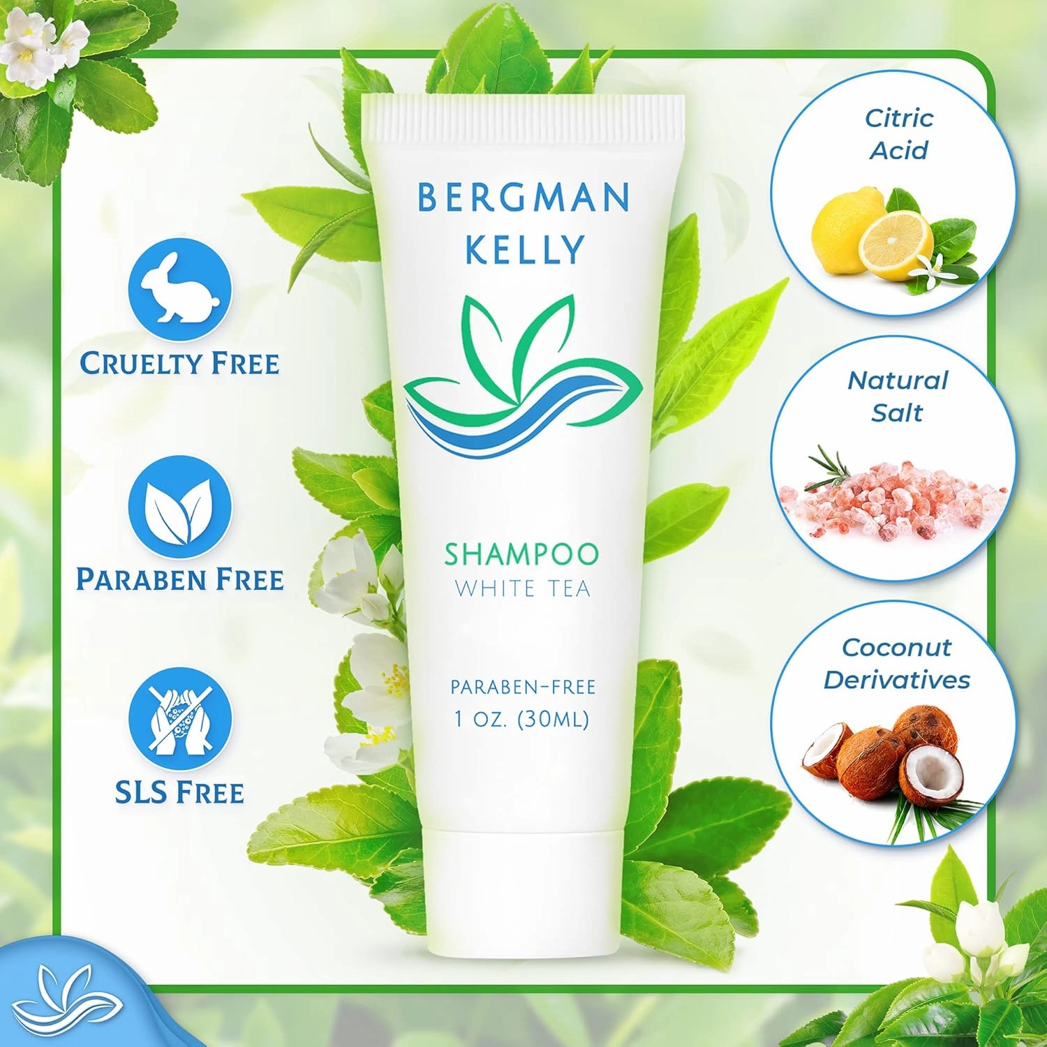 BERGMAN KELLY Hotel Toiletries Bundle (White Tea, 1 oz each, 100 Pieces) 4-Piece Set: 25 Rectangular Bar Soap, 25 Shampoo, 25 Conditioner & 25 Body Lotion - Bulk Mini Guest Amenities