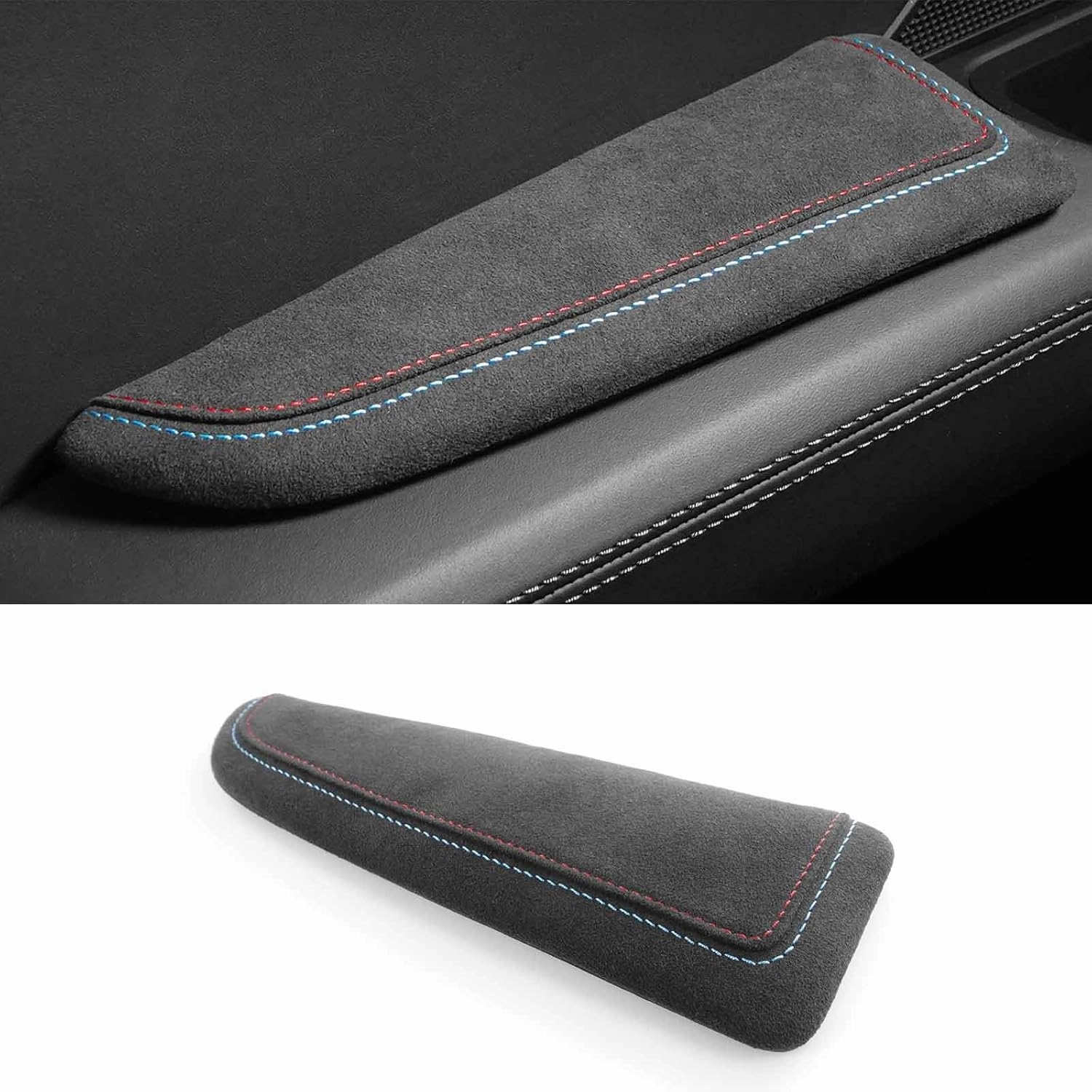 BETTERHUMZ Car Door Armrest Cushion Pad for Alcantara Suede, Car Elbow Rest Pad for BMW 3 4 5 6 7 8 X1 X3 X4 X5 X6 Z4 Series Car Accessories (Left, Blue red line)