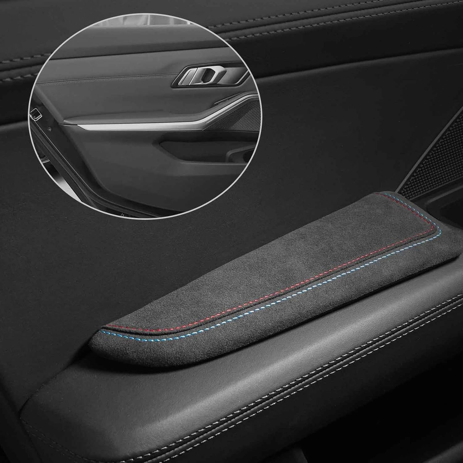 BETTERHUMZ Car Door Armrest Cushion Pad for Alcantara Suede, Car Elbow Rest Pad for BMW 3 4 5 6 7 8 X1 X3 X4 X5 X6 Z4 Series Car Accessories (Left, Blue red line)