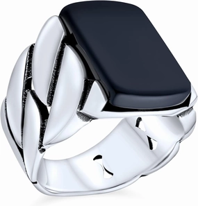 Biker Urban Classic Braided Cable Wheat Wide Link Chain Band Heavy Solid Black Onyx Gemstones Rectangle Large Statement Signet Ring For Men .925 Sterling Silver Handmade In Turkey