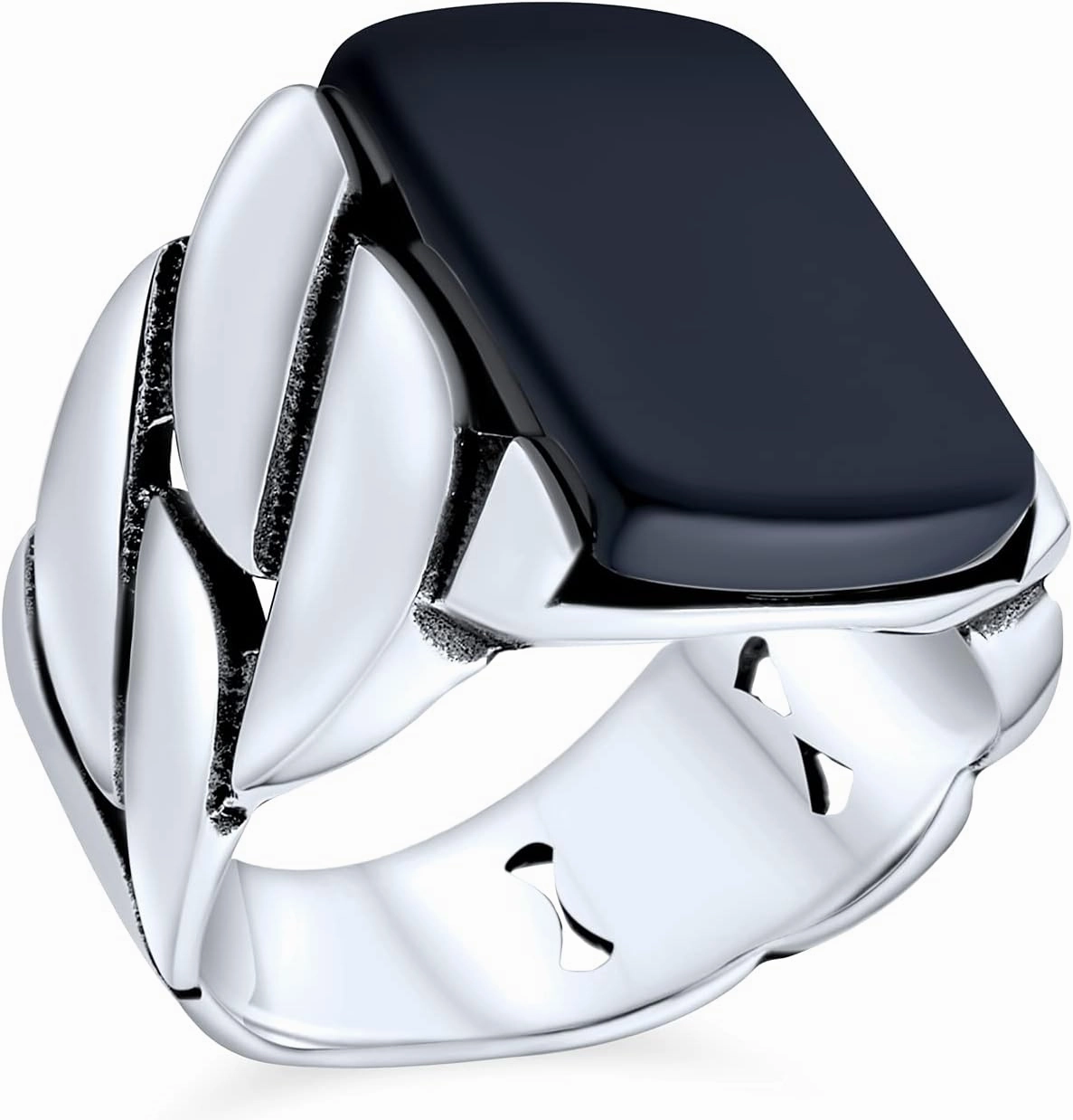 Biker Urban Classic Braided Cable Wheat Wide Link Chain Band Heavy Solid Black Onyx Gemstones Rectangle Large Statement Signet Ring For Men .925 Sterling Silver Handmade In Turkey