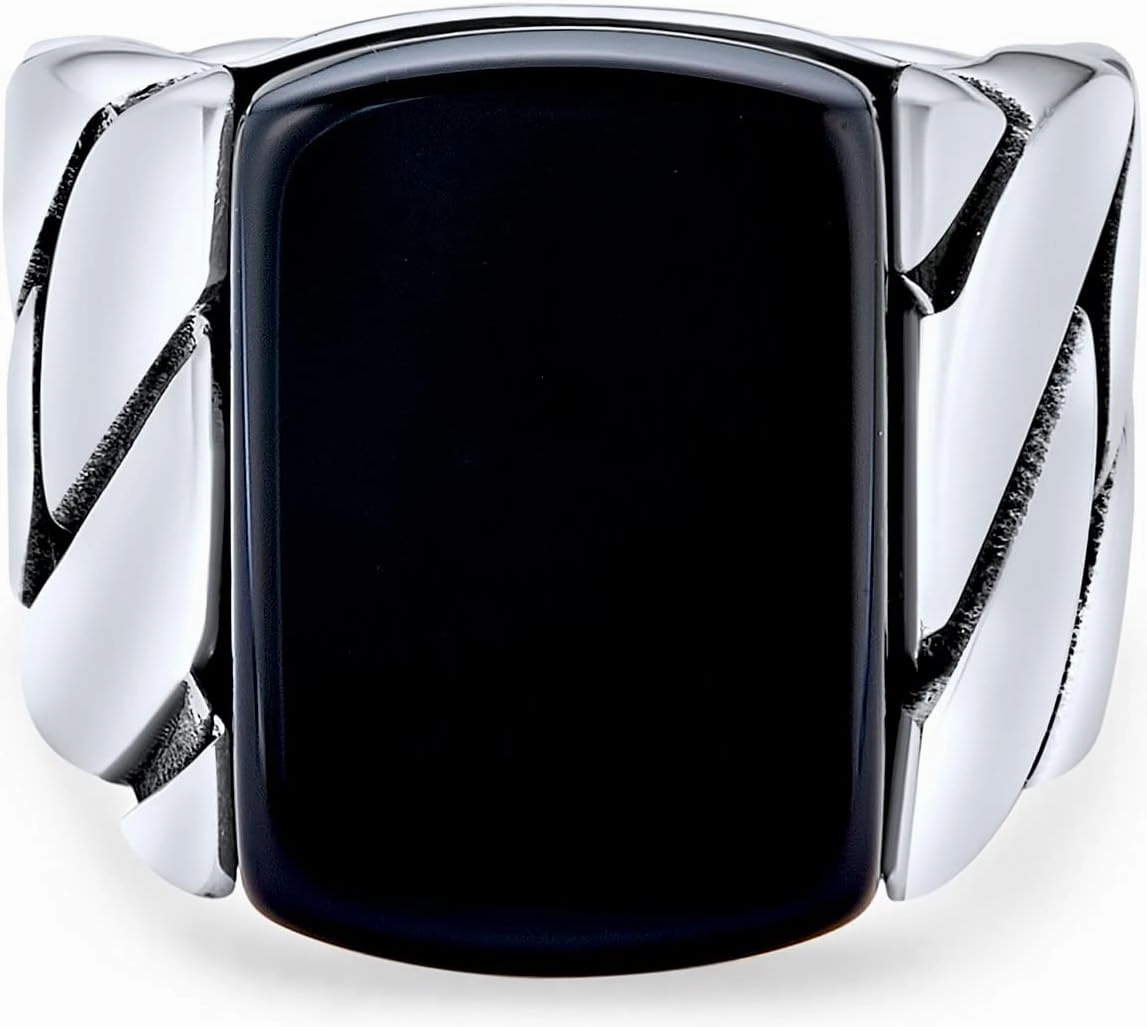 Biker Urban Classic Braided Cable Wheat Wide Link Chain Band Heavy Solid Black Onyx Gemstones Rectangle Large Statement Signet Ring For Men .925 Sterling Silver Handmade In Turkey