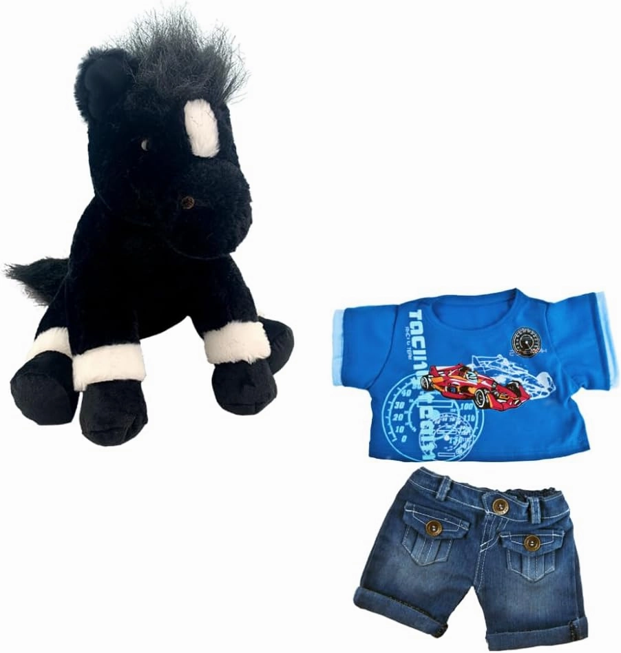 Black Horse Stuffed Animal, 16 Inch Plush Toy with Racecar T-Shirt & Jeans, Soft & Cuddly Horse Plushie for Kids, Equestrian Fans, and Collectors