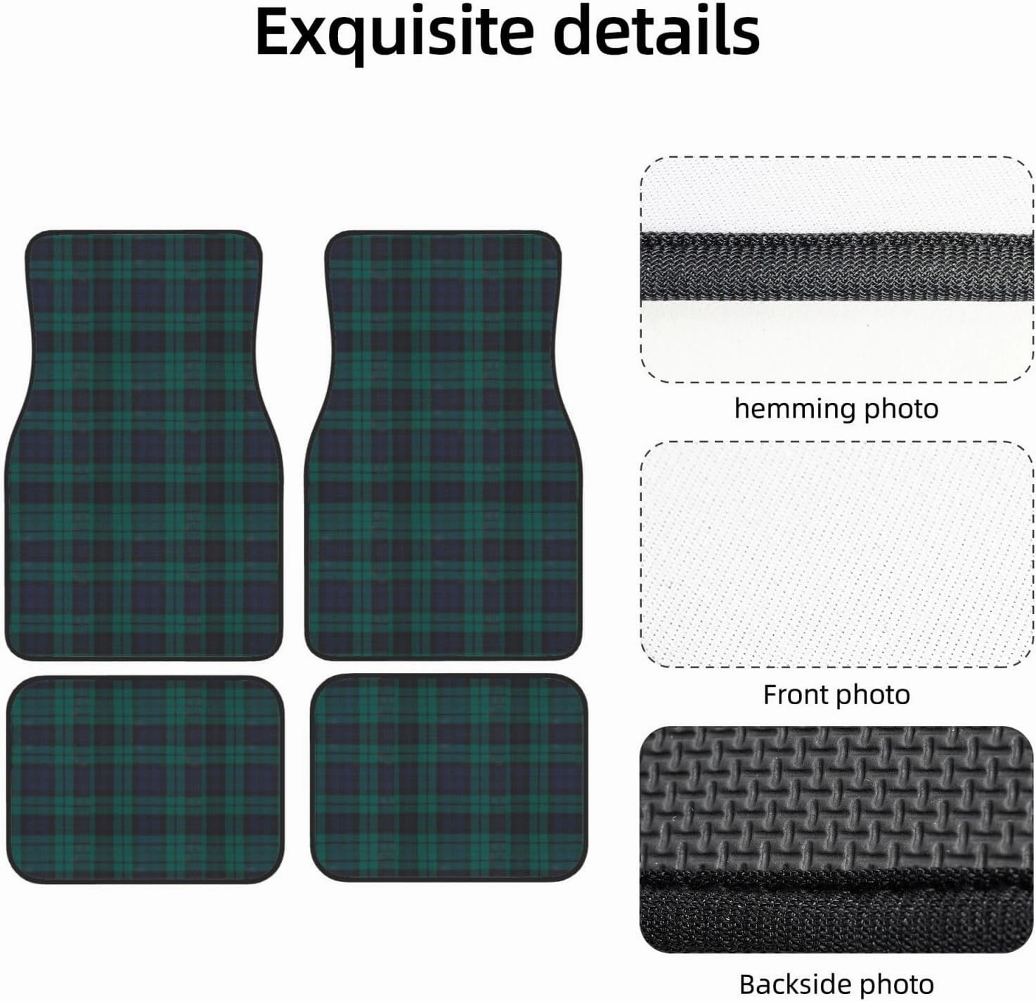 Black Watch Modern Tartan Car Front and Rear Floor Mats, Anti Slip Car Mats, Complete Set of 4 Carpets, All Weather Protection