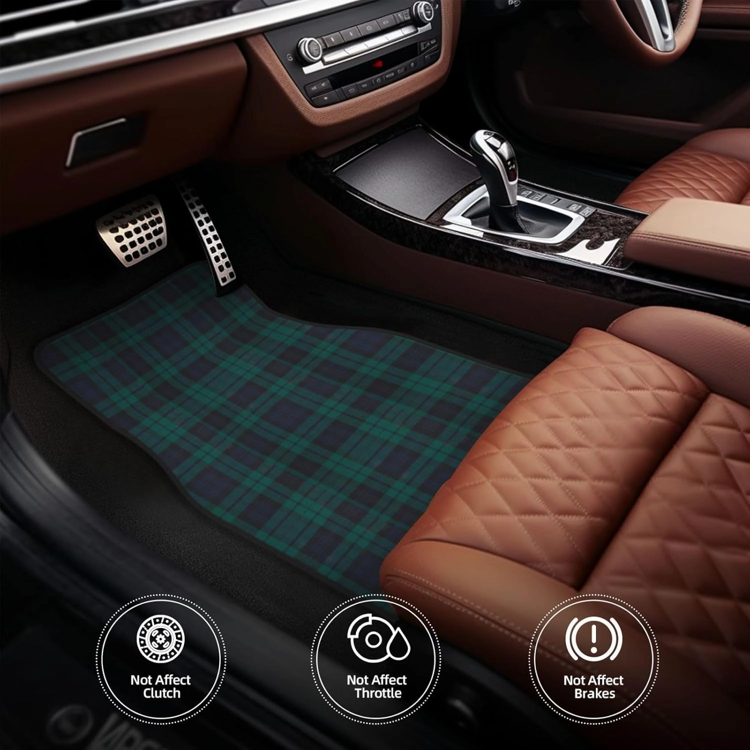 Black Watch Modern Tartan Car Front and Rear Floor Mats, Anti Slip Car Mats, Complete Set of 4 Carpets, All Weather Protection