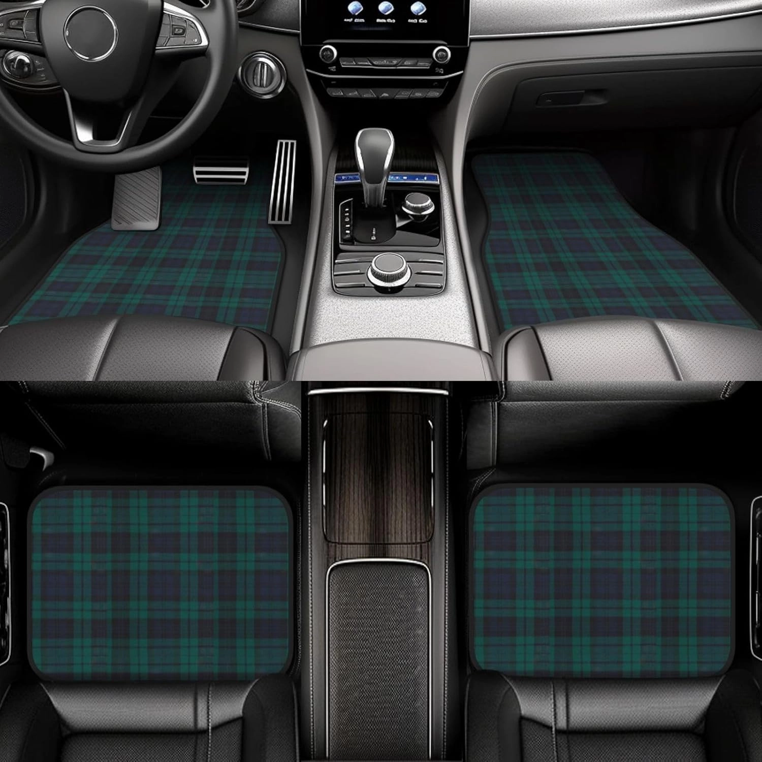 Black Watch Modern Tartan Car Front and Rear Floor Mats, Anti Slip Car Mats, Complete Set of 4 Carpets, All Weather Protection