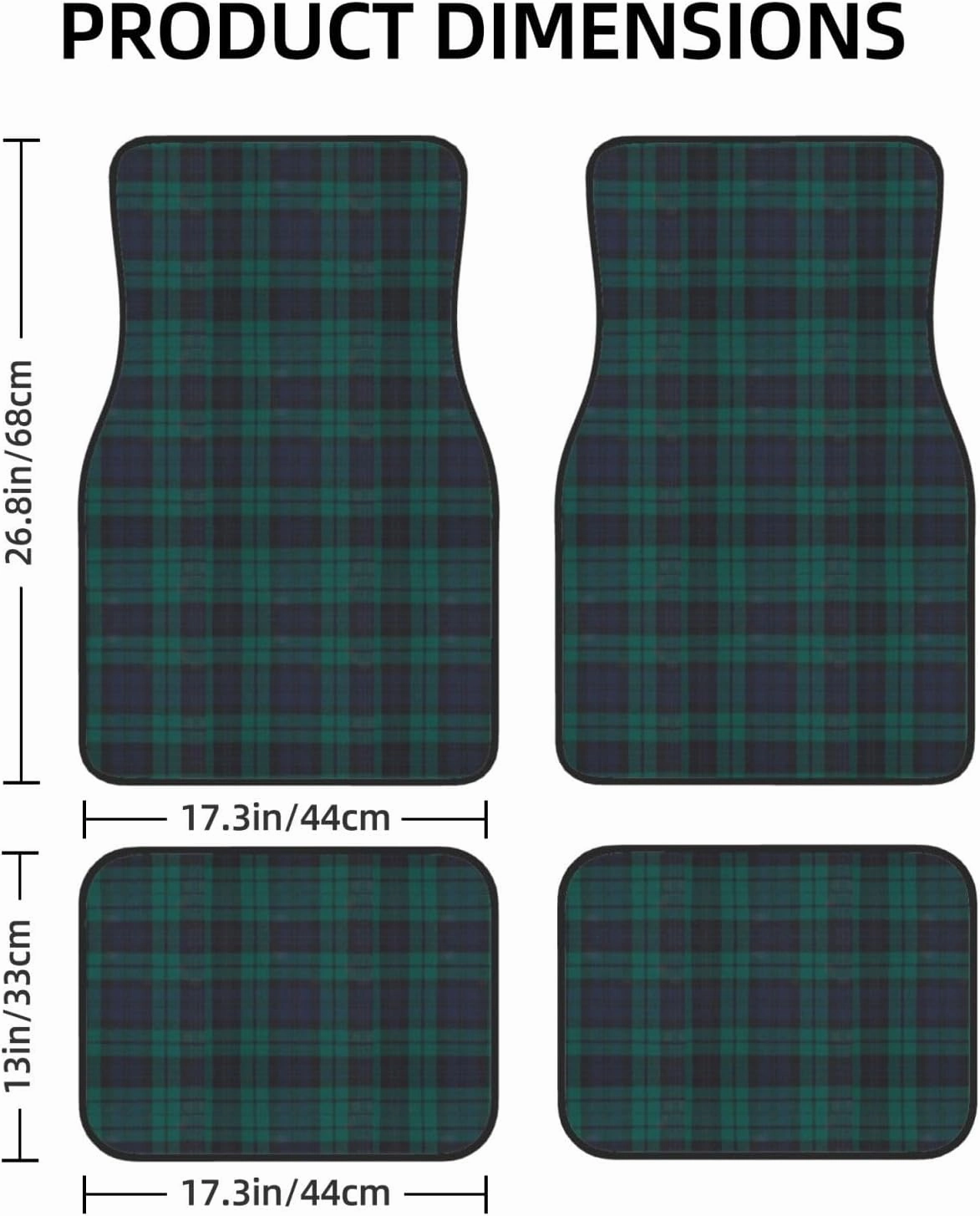 Black Watch Modern Tartan Car Front and Rear Floor Mats, Anti Slip Car Mats, Complete Set of 4 Carpets, All Weather Protection
