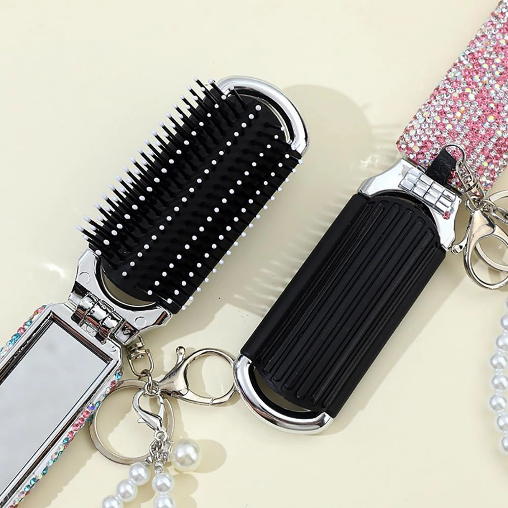 Bling Folding Hair Brush Keychain Rhinestone Pocket Hair Brush Keyring Mini Paddle Hair Massage Comb with Mirror for Women Girls Blue