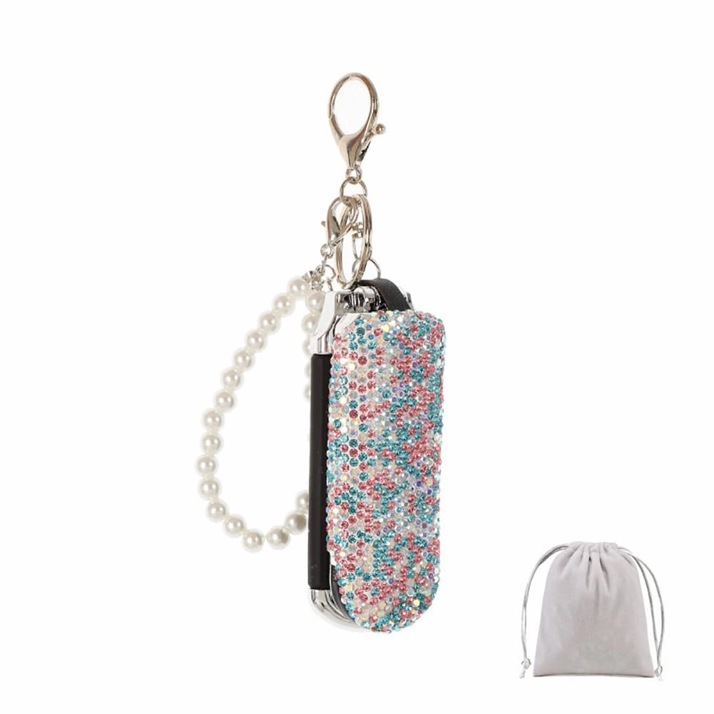 Bling Folding Hair Brush Keychain Rhinestone Pocket Hair Brush Keyring Mini Paddle Hair Massage Comb with Mirror for Women Girls Blue