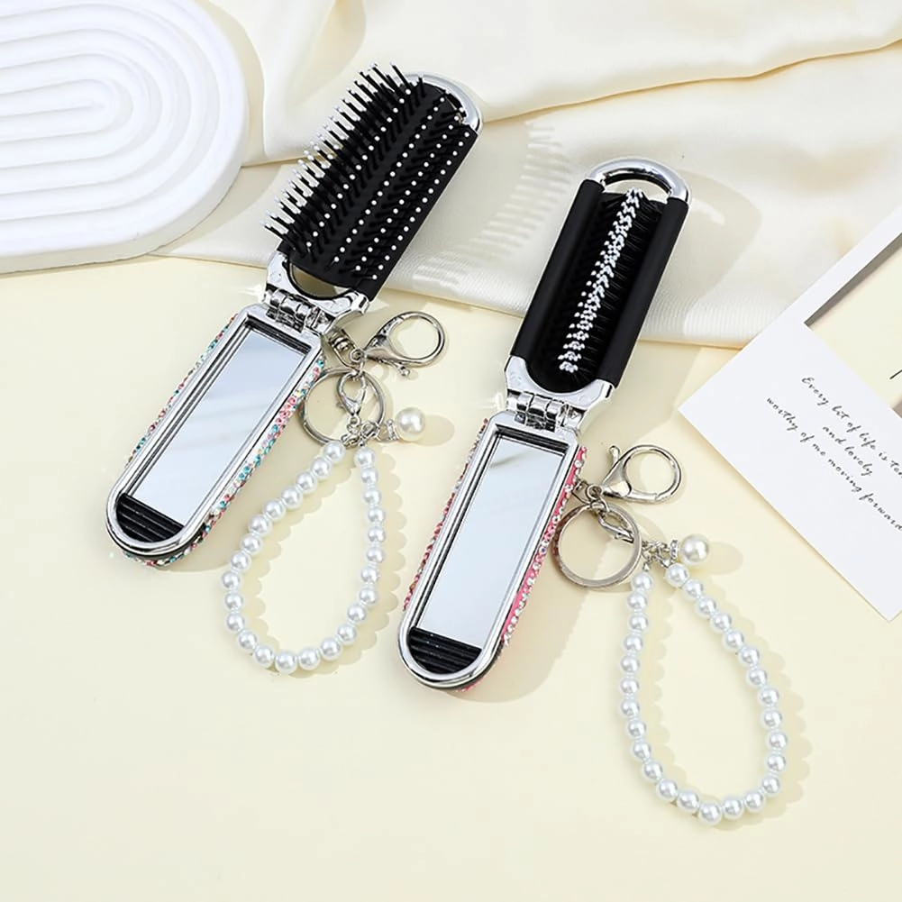 Bling Folding Hair Brush Keychain Rhinestone Pocket Hair Brush Keyring Mini Paddle Hair Massage Comb with Mirror for Women Girls Blue