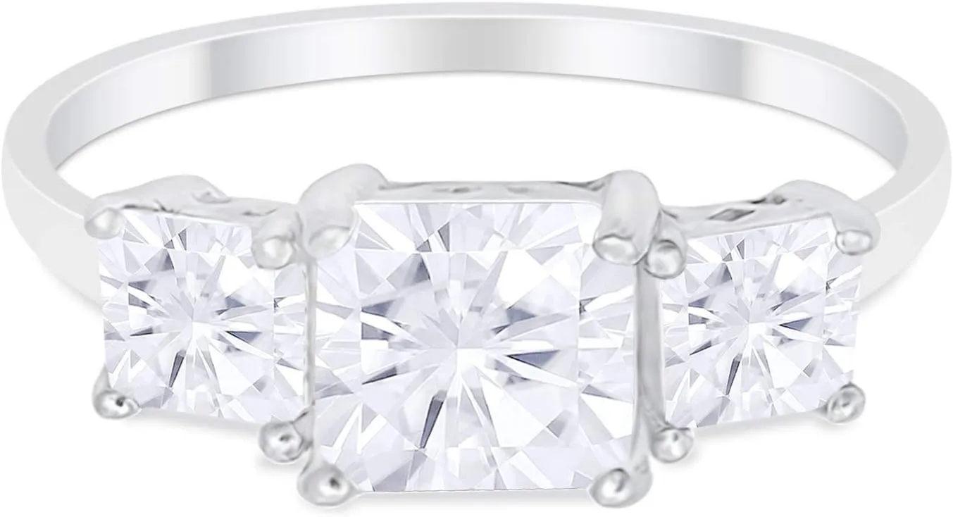 Blue Apple Co. 3 Stone Wedding Engagement Ring Princess Cut Square Simulated CZ 925 Sterling Silver Choose Color