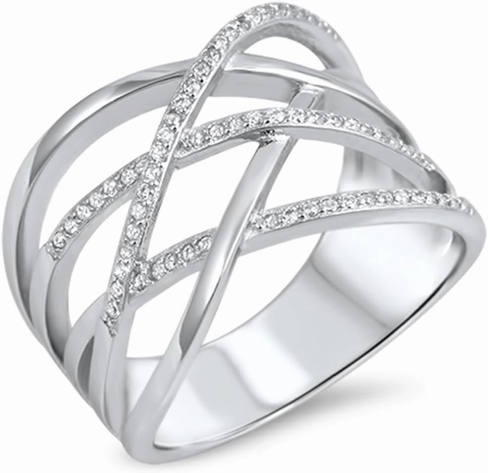 Blue Apple Co. Trendy Fashion Crisscross X Crossover Weave Ring Round Pave Cubic Zirconia 925 Sterling Silver