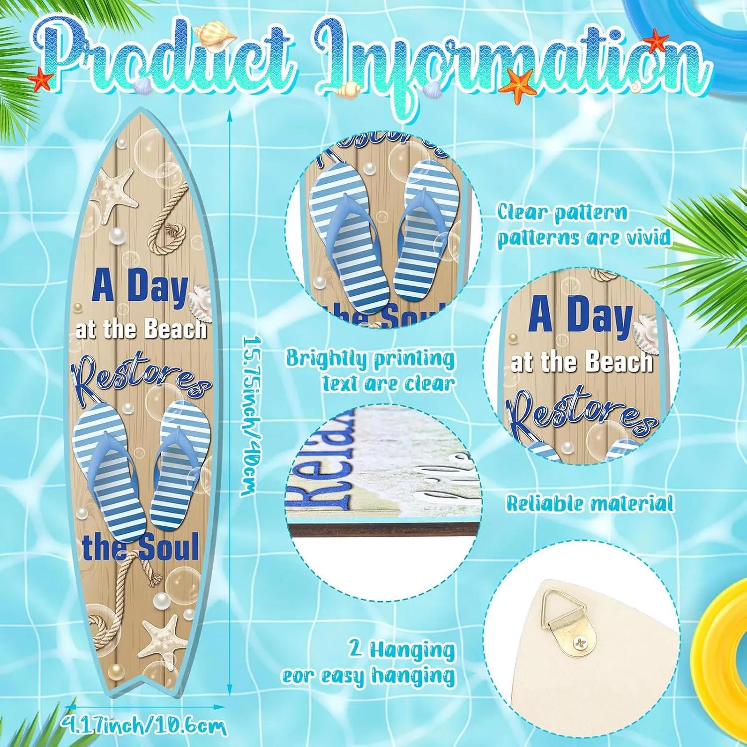 Blulu 4 Pcs Surfboard Wall Decor Surfboard Wall Hanging Sign Wooden Beach Decoration Summer Theme Decor Hawaiian Luau Party Decoration for Home Bar Aloha Tropical Birthday Party(Beach)