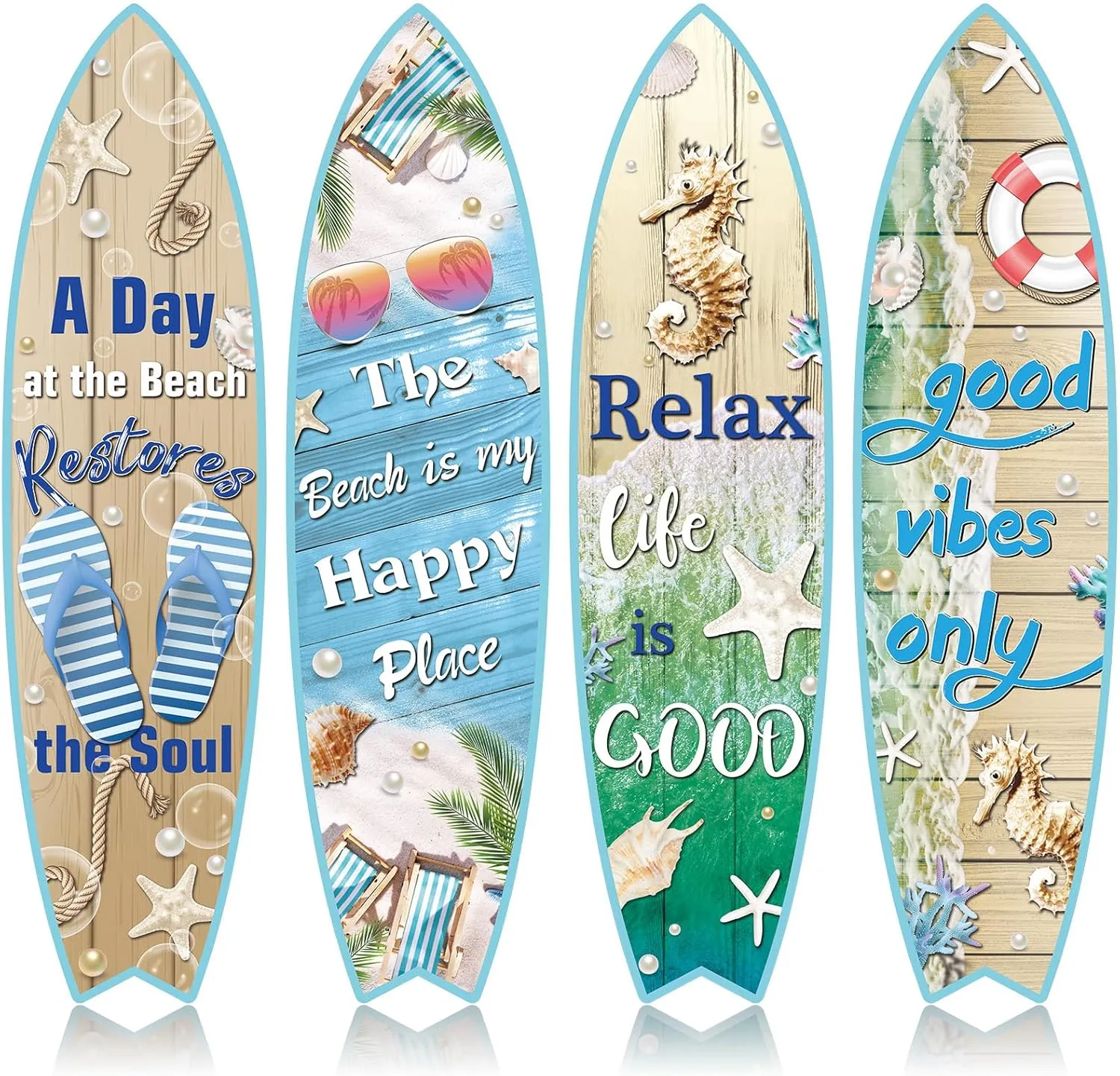 Blulu 4 Pcs Surfboard Wall Decor Surfboard Wall Hanging Sign Wooden Beach Decoration Summer Theme Decor Hawaiian Luau Party Decoration for Home Bar Aloha Tropical Birthday Party(Beach)