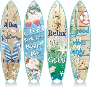 Blulu 4 Pcs Surfboard Wall Decor Surfboard Wall Hanging Sign Wooden Beach Decoration Summer Theme Decor Hawaiian Luau Party Decoration for Home Bar Aloha Tropical Birthday Party(Beach)