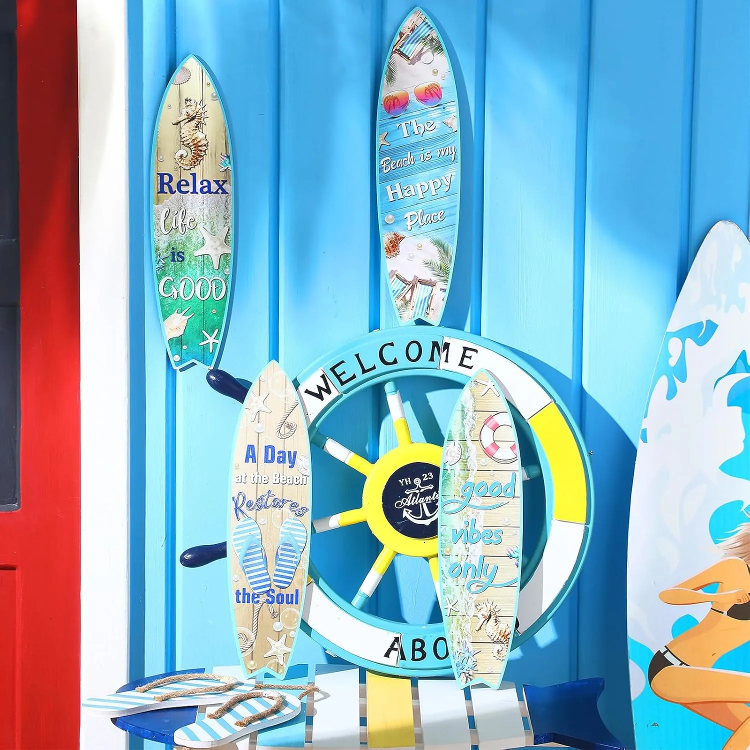 Blulu 4 Pcs Surfboard Wall Decor Surfboard Wall Hanging Sign Wooden Beach Decoration Summer Theme Decor Hawaiian Luau Party Decoration for Home Bar Aloha Tropical Birthday Party(Beach)