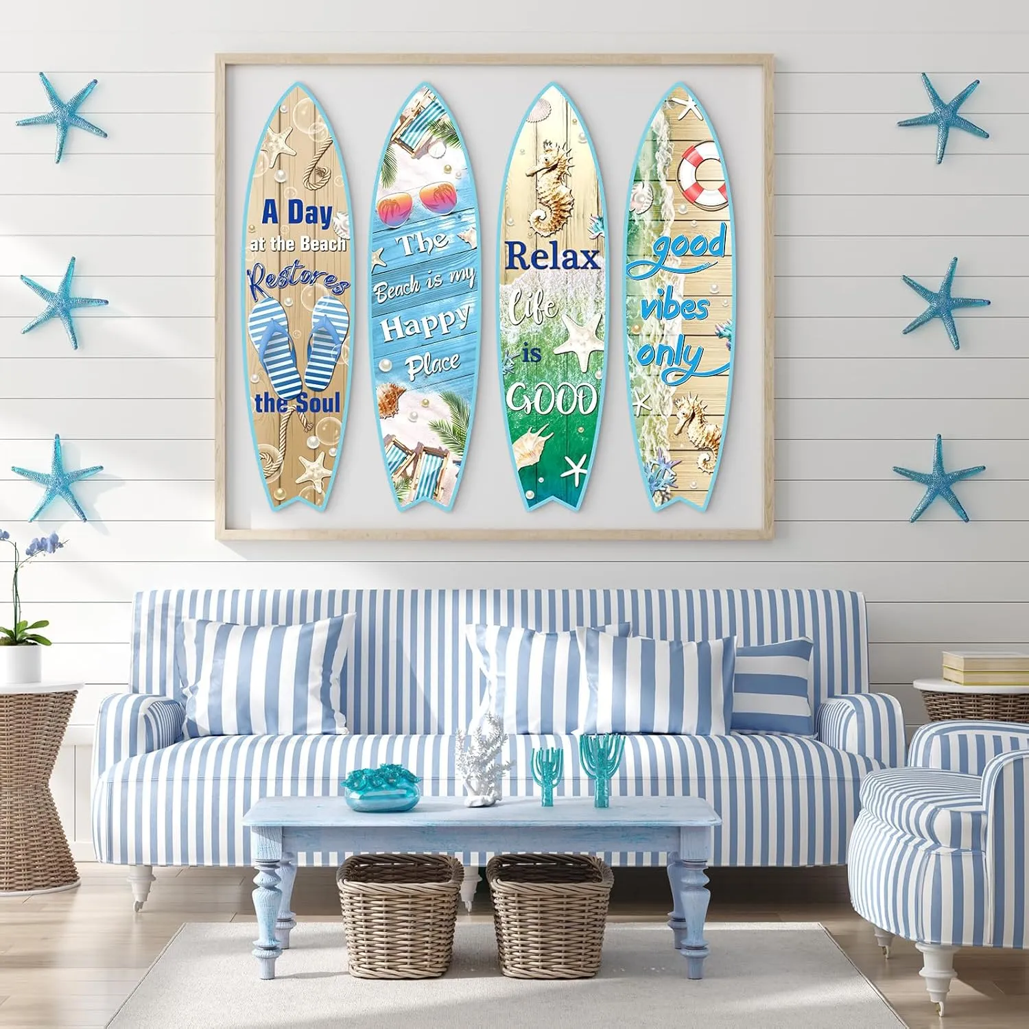 Blulu 4 Pcs Surfboard Wall Decor Surfboard Wall Hanging Sign Wooden Beach Decoration Summer Theme Decor Hawaiian Luau Party Decoration for Home Bar Aloha Tropical Birthday Party(Beach)