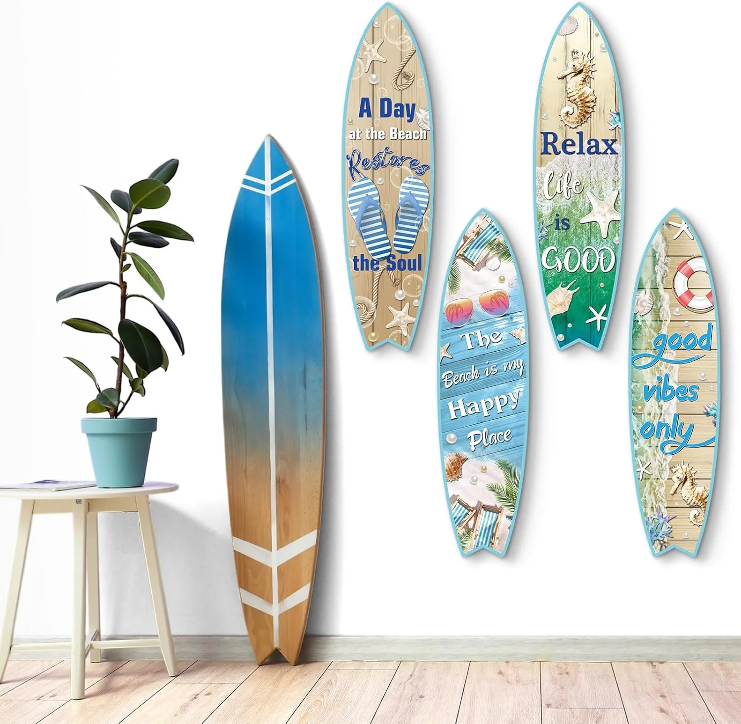 Blulu 4 Pcs Surfboard Wall Decor Surfboard Wall Hanging Sign Wooden Beach Decoration Summer Theme Decor Hawaiian Luau Party Decoration for Home Bar Aloha Tropical Birthday Party(Beach)