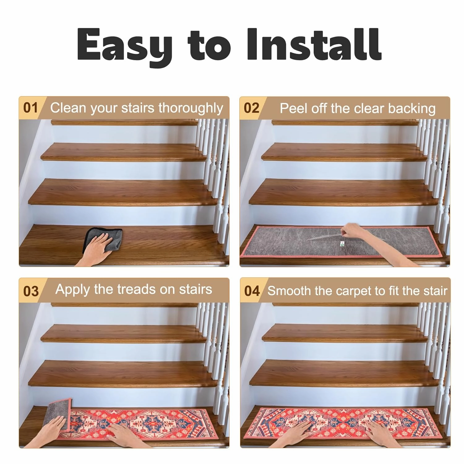 Boho Carpet Stair Treads Non Slip for Wooden Steps Indoor - 15 Pack 8" X 30" Peel and Stick Stair Runner Rugs with Reusable Anti Slip TPE Adhesive Backing, Residue Free Mats for Dogs, Kids, Elders