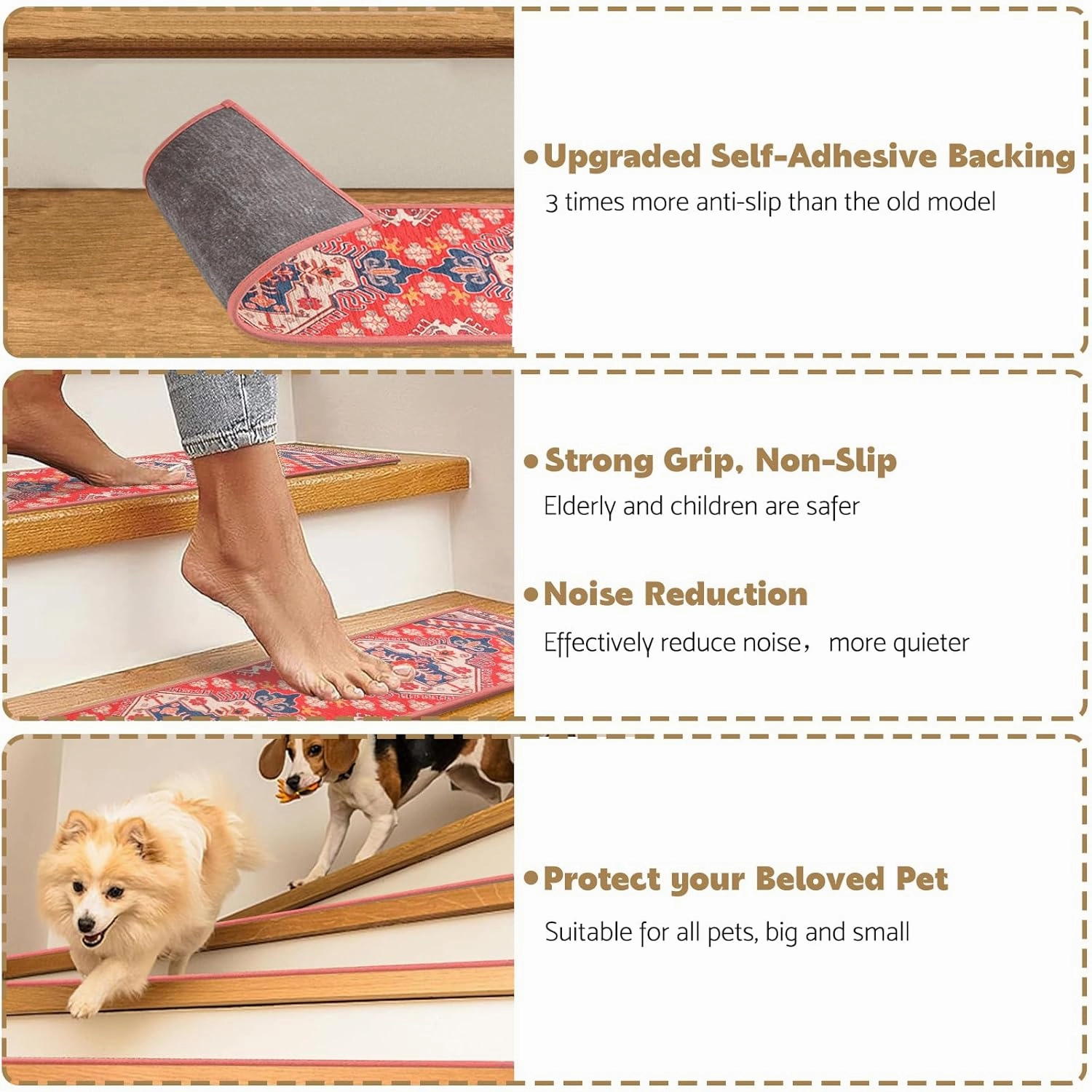 Boho Carpet Stair Treads Non Slip for Wooden Steps Indoor - 15 Pack 8" X 30" Peel and Stick Stair Runner Rugs with Reusable Anti Slip TPE Adhesive Backing, Residue Free Mats for Dogs, Kids, Elders