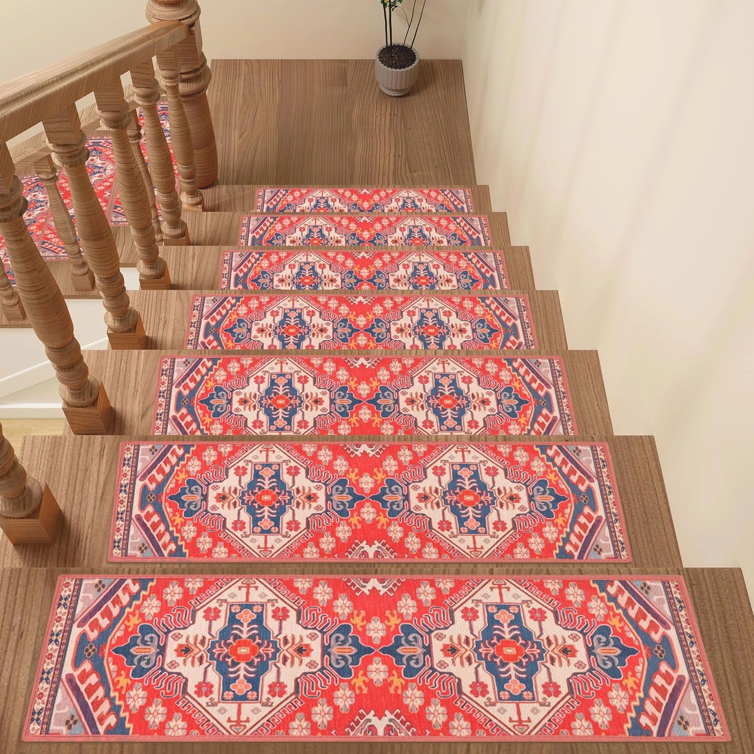 Boho Carpet Stair Treads Non Slip for Wooden Steps Indoor - 15 Pack 8" X 30" Peel and Stick Stair Runner Rugs with Reusable Anti Slip TPE Adhesive Backing, Residue Free Mats for Dogs, Kids, Elders