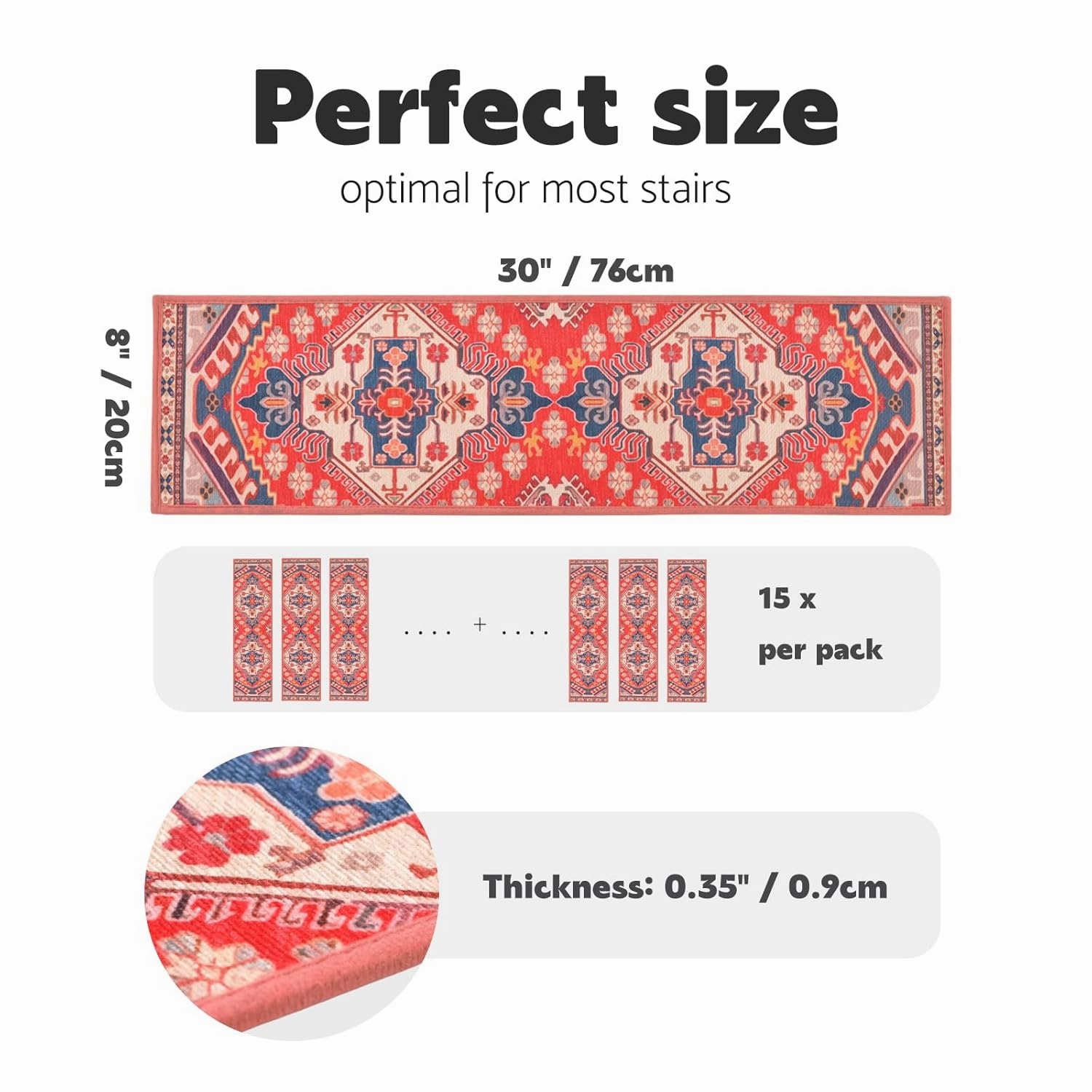Boho Carpet Stair Treads Non Slip for Wooden Steps Indoor - 15 Pack 8" X 30" Peel and Stick Stair Runner Rugs with Reusable Anti Slip TPE Adhesive Backing, Residue Free Mats for Dogs, Kids, Elders