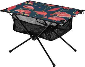 Bolaz Outdoor Folding Portable Picnic Camping Table-Flamingo and Heart Pattern,Storage Mesh for Camping Gear Accessories, Hiking, Mountaineering, Outdoor Travel