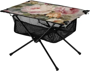 Bolaz Outdoor Folding Portable Picnic Camping Table-Oil Print Peony and Rose,Storage Mesh for Camping Gear Accessories, Hiking, Mountaineering, Outdoor Travel
