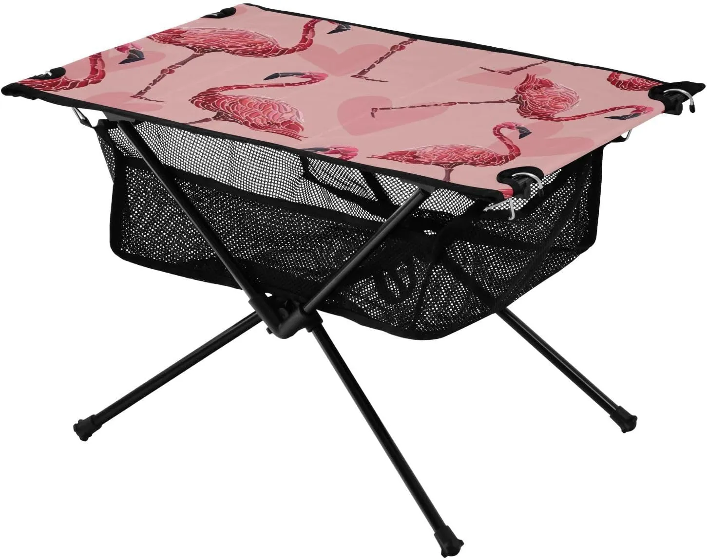 Bolaz Outdoor Folding Portable Picnic Camping Table-Pink Flamingo and Heart,Storage Mesh for Camping Gear Accessories, Hiking, Mountaineering, Outdoor Travel