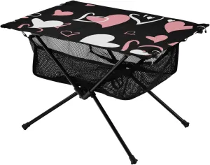 Bolaz Outdoor Folding Portable Picnic Camping Table-Pink Heart on Black,Storage Mesh for Camping Gear Accessories, Hiking, Mountaineering, Outdoor Travel
