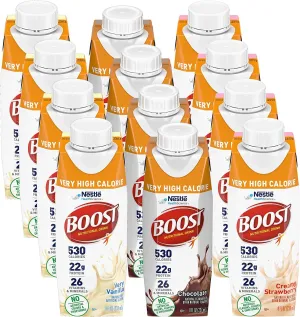 BOOST Very High Calorie Nutritional Drink Variety Pack, 12 Count – 4 Vanilla, 4 Chocolate, 4 Strawberry – 530 Calories per 8 fl oz Bottle, Nutrient-Rich (Variety Pack)