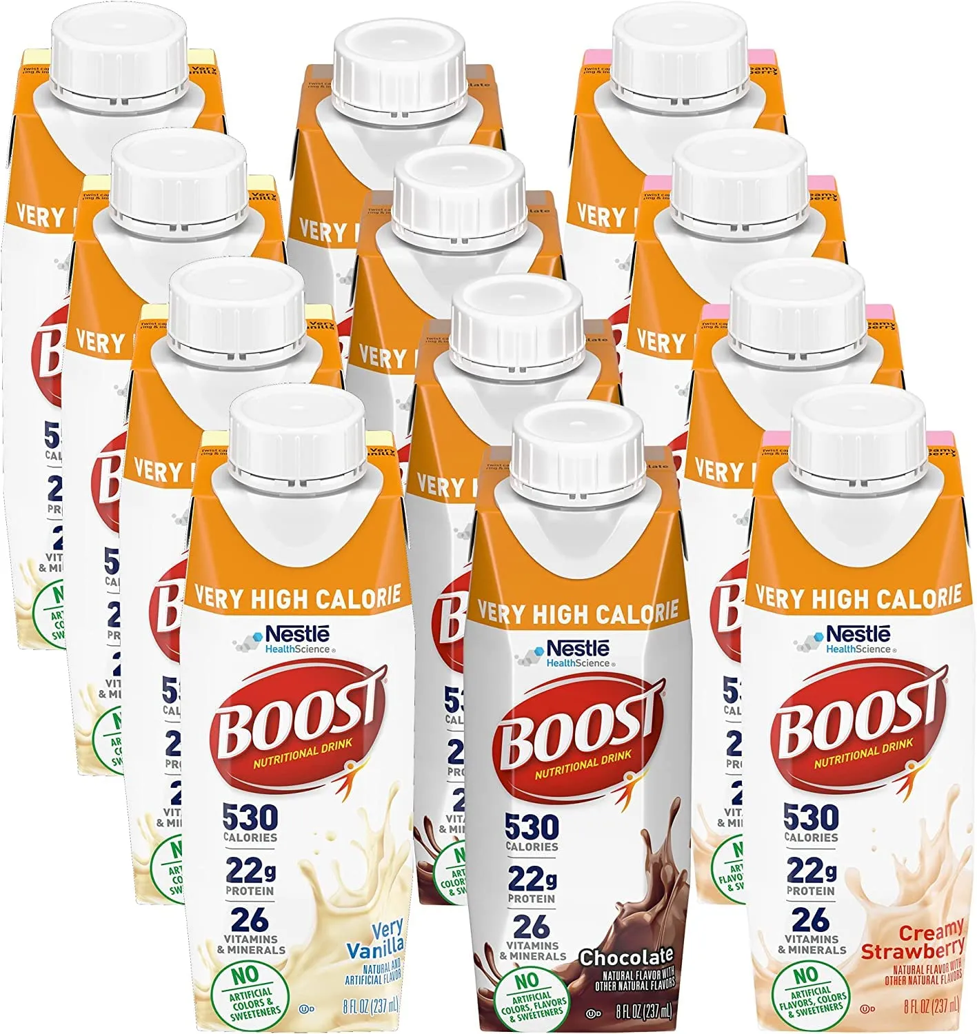 BOOST Very High Calorie Nutritional Drink Variety Pack, 12 Count – 4 Vanilla, 4 Chocolate, 4 Strawberry – 530 Calories per 8 fl oz Bottle, Nutrient-Rich (Variety Pack)