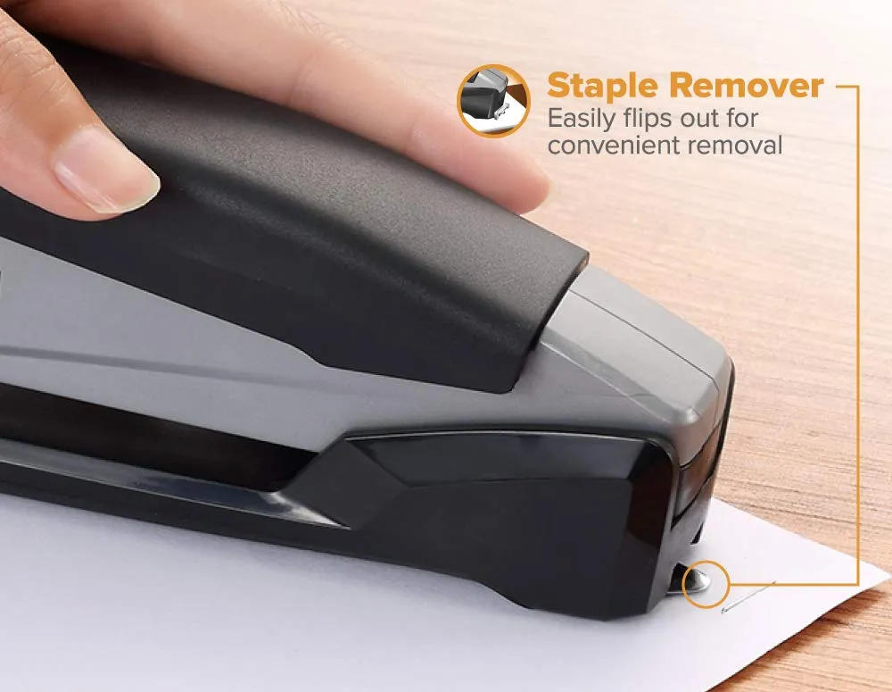 Bostitch Office Executive 3 in 1 Stapler, Includes 210 Staples and Integrated Staple Remover, One Finger Stapling, No Effort, 20 Sheet Capacity, Spring Powered Stapler, Black/Gray (INP20)