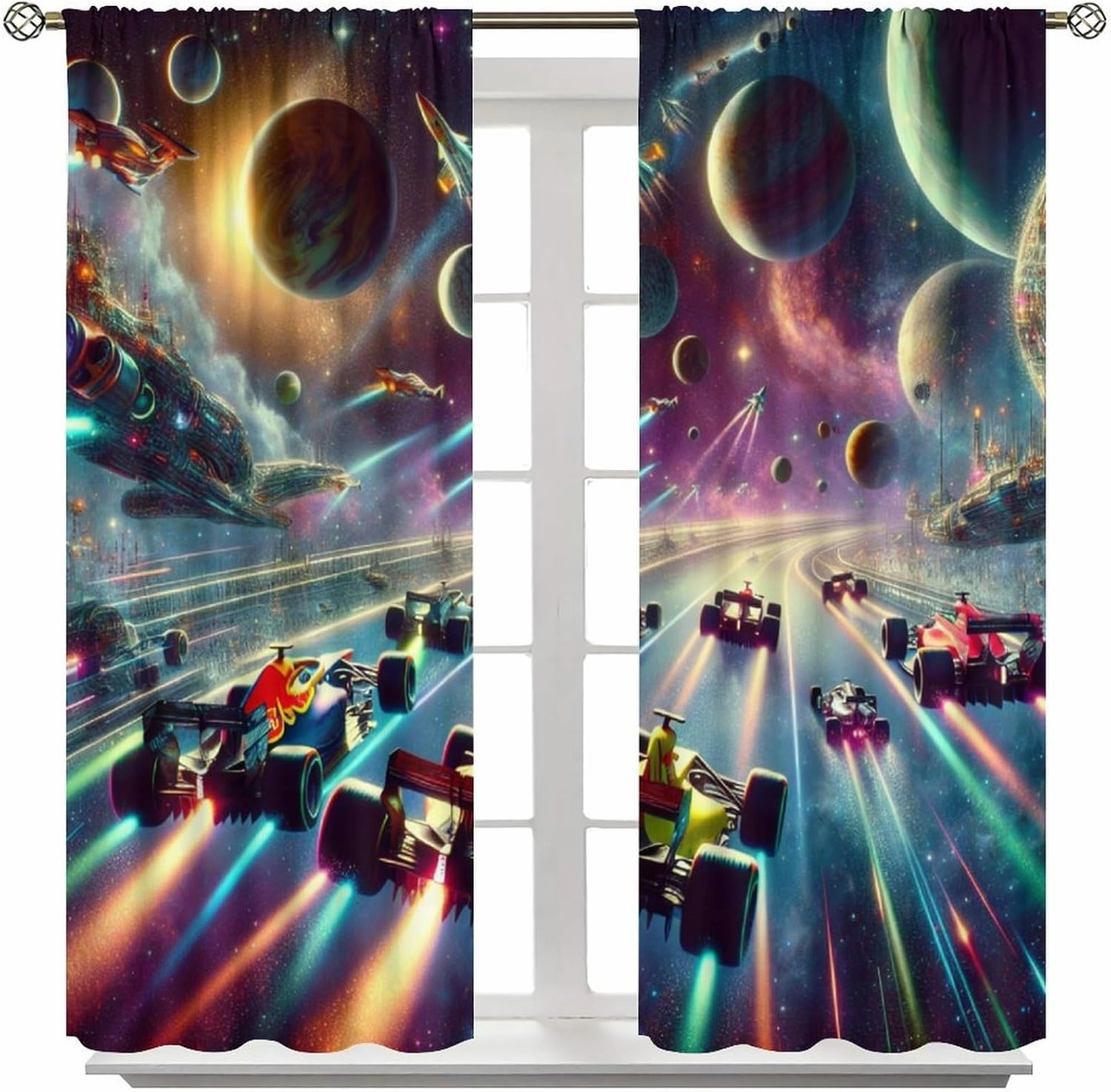 Boy Fantasy Racing Car Curtains Kids Dream Universe Galaxy Racing Competitions Blackout Window Treatment for Children's Bedroom Game Room Living Room Decor Window Drapes 42" W x 45" L