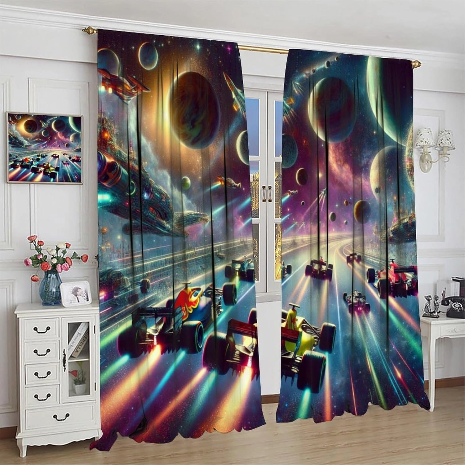 Boy Fantasy Racing Car Curtains Kids Dream Universe Galaxy Racing Competitions Blackout Window Treatment for Children's Bedroom Game Room Living Room Decor Window Drapes 42" W x 45" L