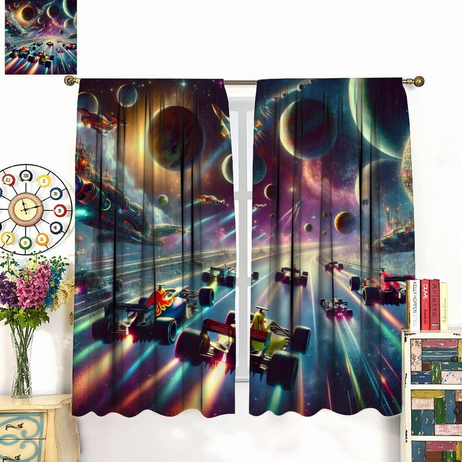 Boy Fantasy Racing Car Curtains Kids Dream Universe Galaxy Racing Competitions Blackout Window Treatment for Children's Bedroom Game Room Living Room Decor Window Drapes 42" W x 45" L